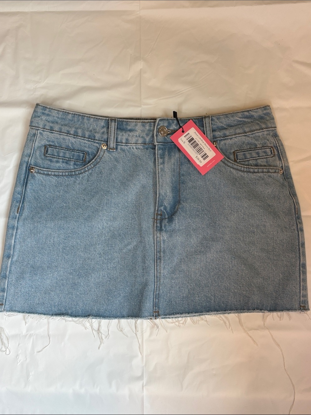 Edikted Light Wash Denim Mini Skirt Raw Hem Y2K Low Rise NWT Size Small